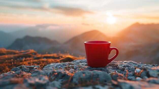 Een kop koffie op de top van de berg met een prachtige zonsopgang.