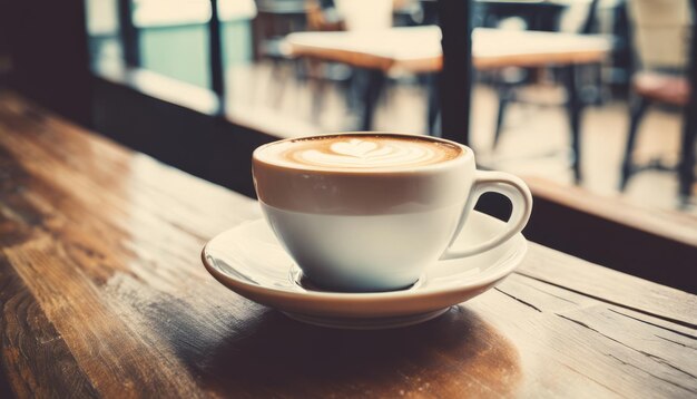 Een kop koffie op een bord op een tafel.