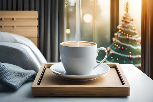 Een kop koffie op een dienblad met een kerstboom op de achtergrond.