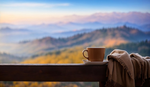 een kop koffie op een houten reling tegen de achtergrond van wazige bergen Generatieve AI