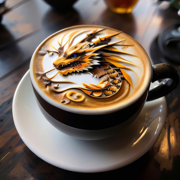 Een kop koffie op een houten tafel latte kunst