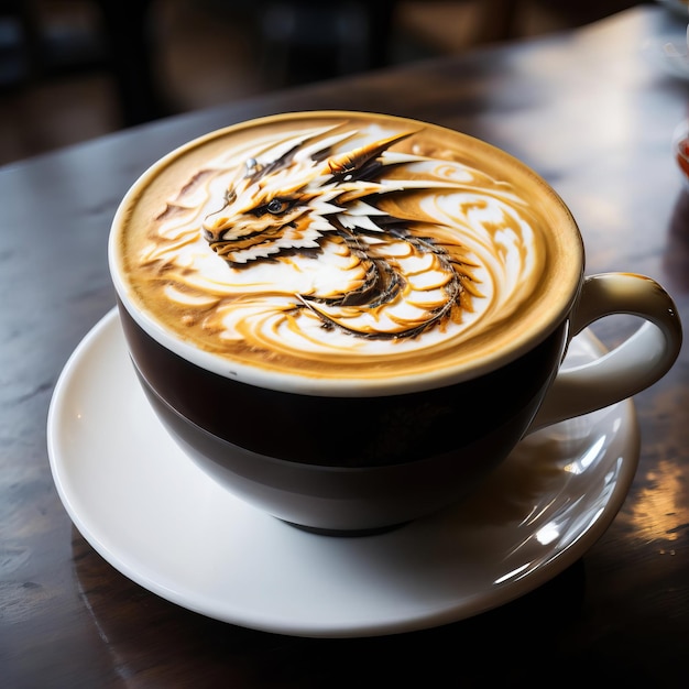 Foto een kop koffie op een houten tafel latte kunst