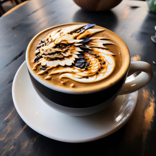 Een kop koffie op een houten tafel Latte kunst