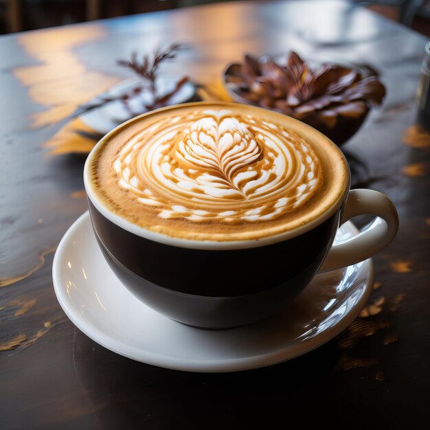 Een kop koffie op een houten tafel latte kunst