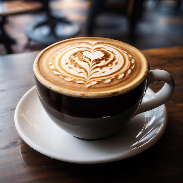 Een kop koffie op een houten tafel latte kunst