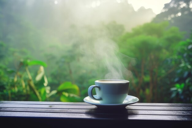 Een kop koffie op een houten tafel met uitzicht op de jungle Generative AI