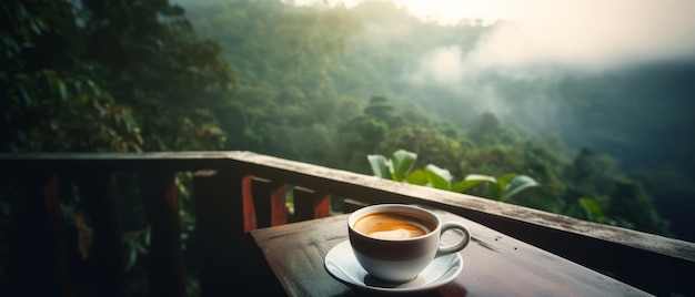 Een kop koffie op een houten tafel met uitzicht op de jungle Generative AI