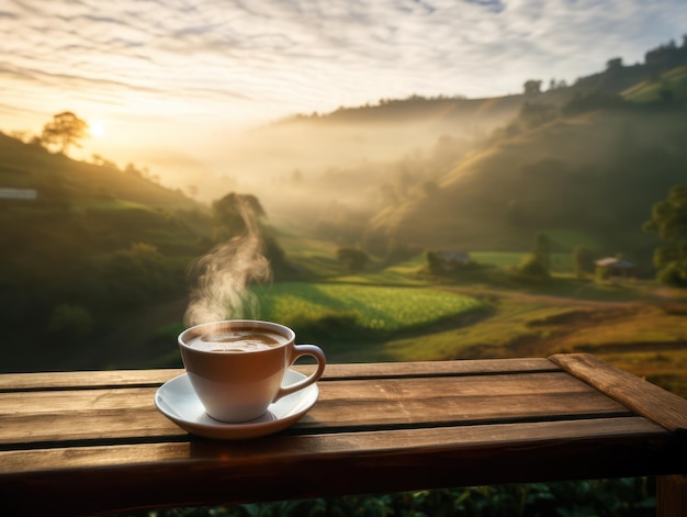 Een kop koffie op een houten tafel naast een natuurlijk groen grasveld bij zonsopgang