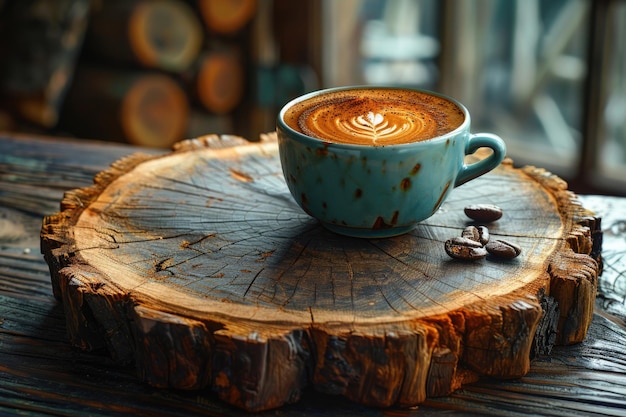 Een kop koffie op een houten tafel.