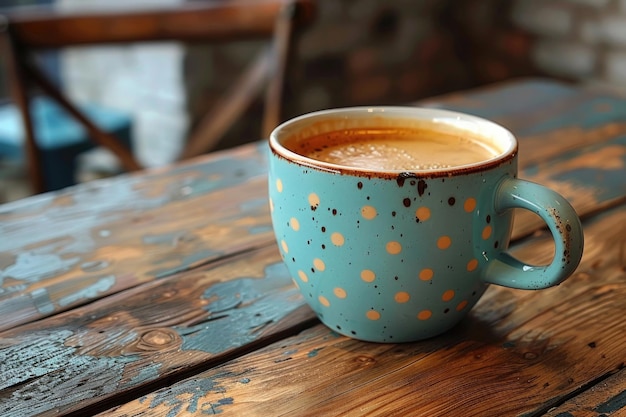 Een kop koffie op een houten tafel.