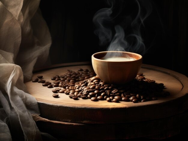 Een kop koffie op een schotel met koffiebonen.