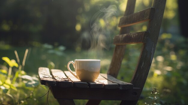 Foto een kop koffie op een stoel in de tuin.