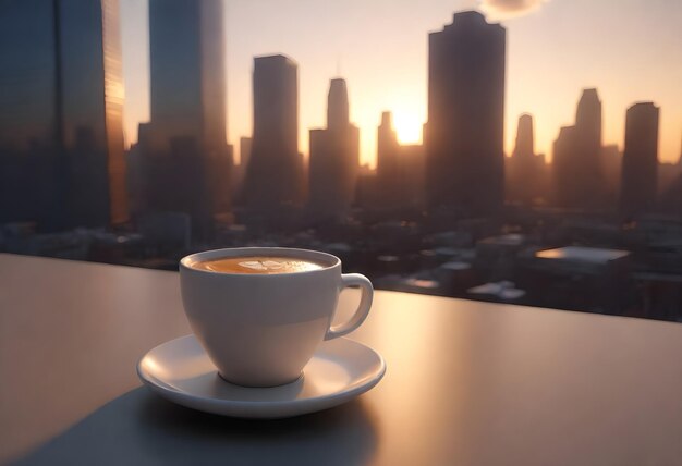 een kop koffie op een tafel met de zon achter zich