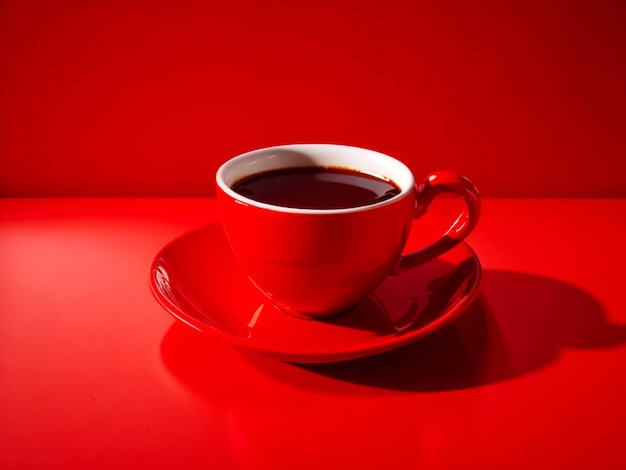 Een kop koffie op een tafel met een rode achtergrond