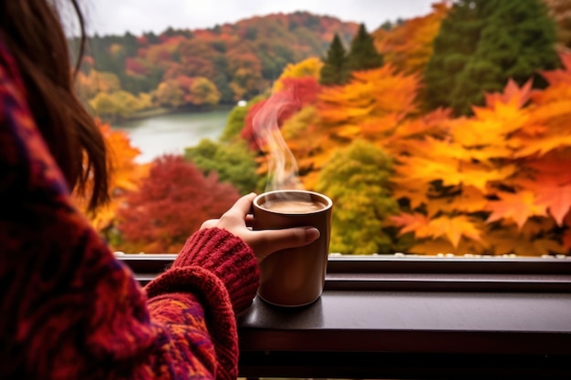 Foto een kop koffie op een tafel met uitzicht op een herfst uitzicht op de stad generatieve ai