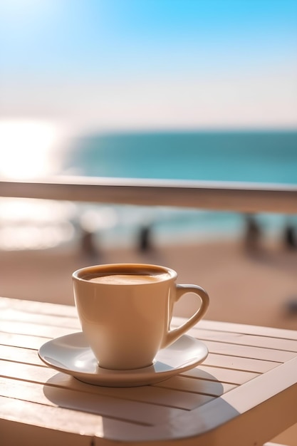 Een kop koffie op een tafel.