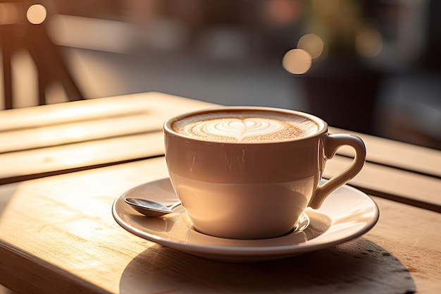 Een kop koffie op een tafel.