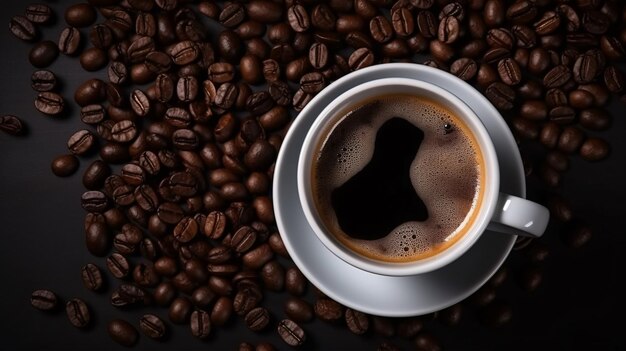 een kop koffie op tafel met wat koffiebonen