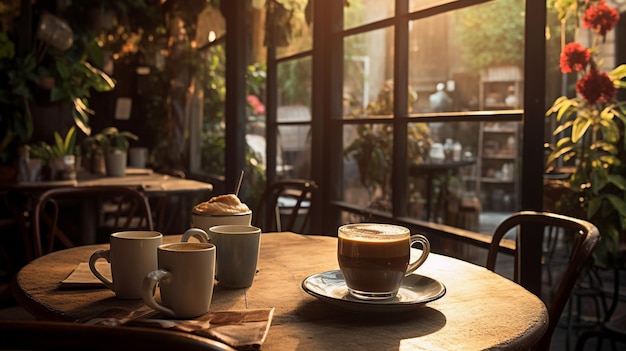 Foto een kop koffie op tafel.