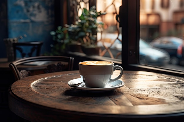 Foto een kop koffie staat op de tafel in het café vanochtend.