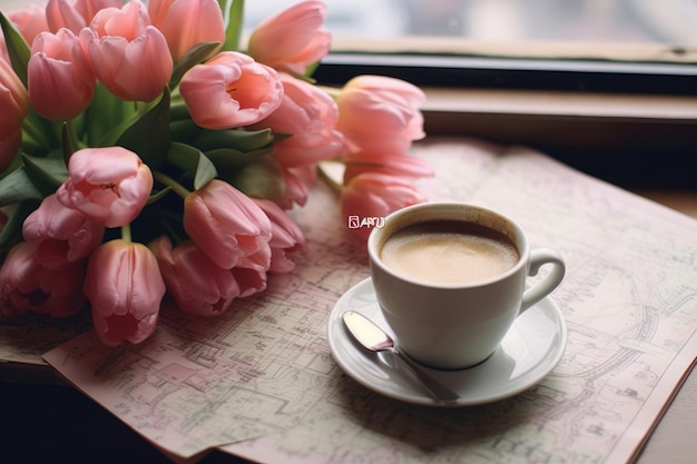 Een kop koffie staat op een tafel naast een boeket tulpen.