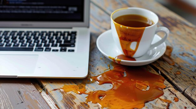 Een kop koffie vergoten op de laptop.