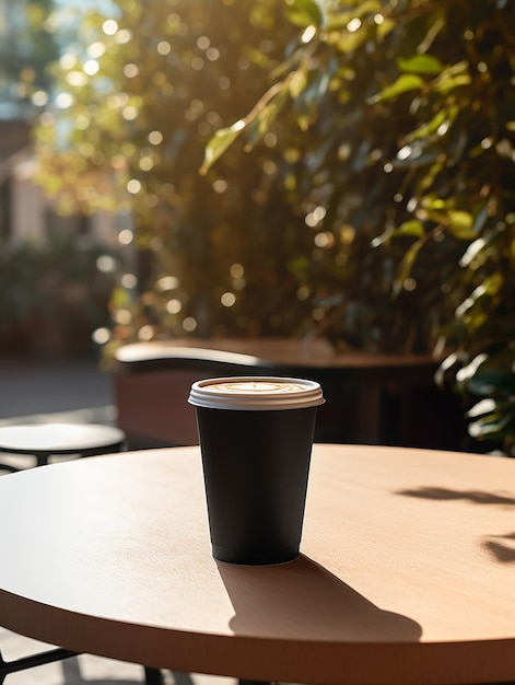 Een kop koffie zit buiten op een tafel.