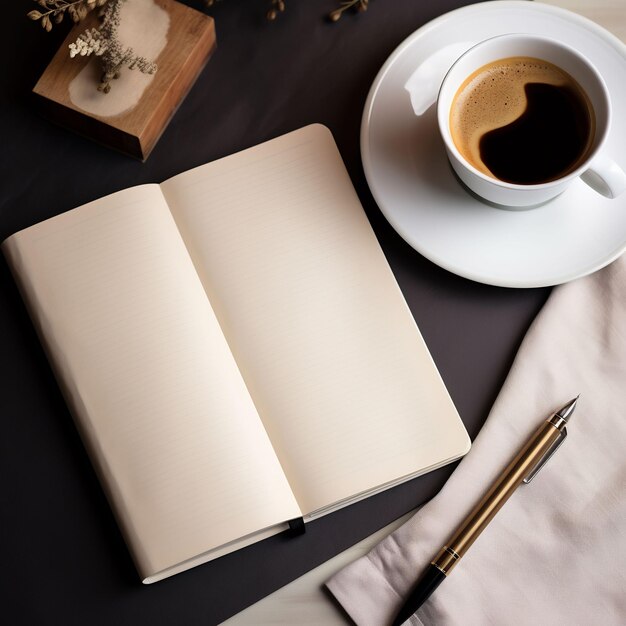 een kop koffie zit naast een boek met een pen erop