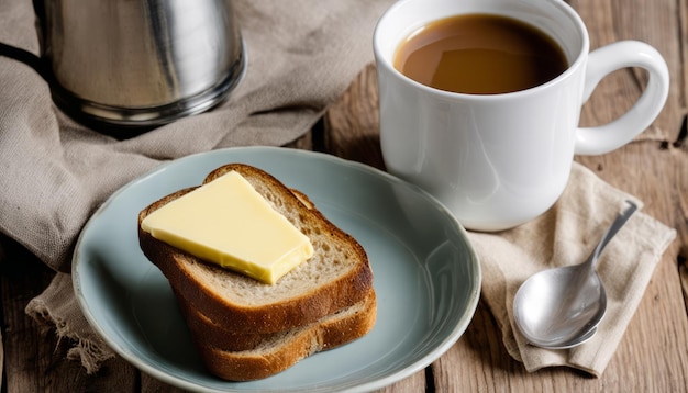 Een kop koffie zit naast een bord toast.