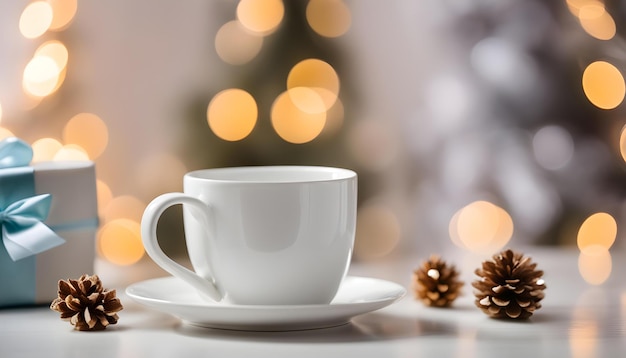 een kop koffie zit op een tafel naast een kerstboom