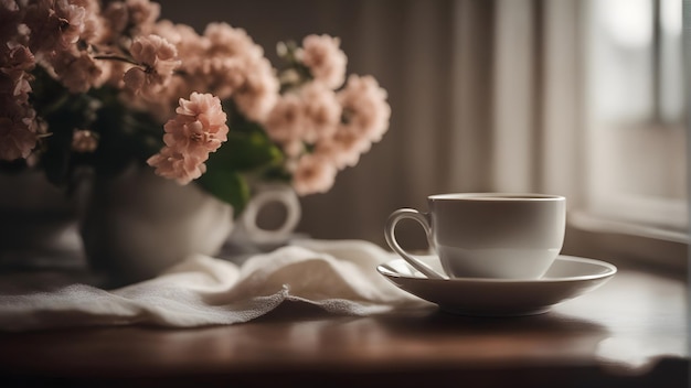 Foto een kop koffie zit op een tafel naast een vaas met bloemen.