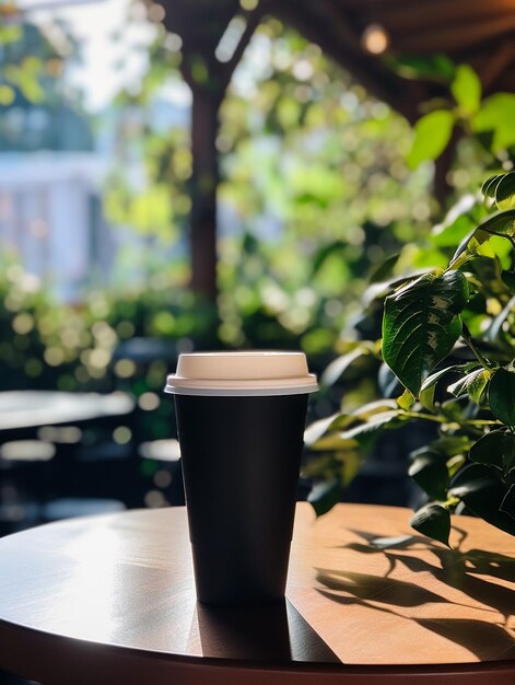 een kop koffie zit op een tafel voor een plant