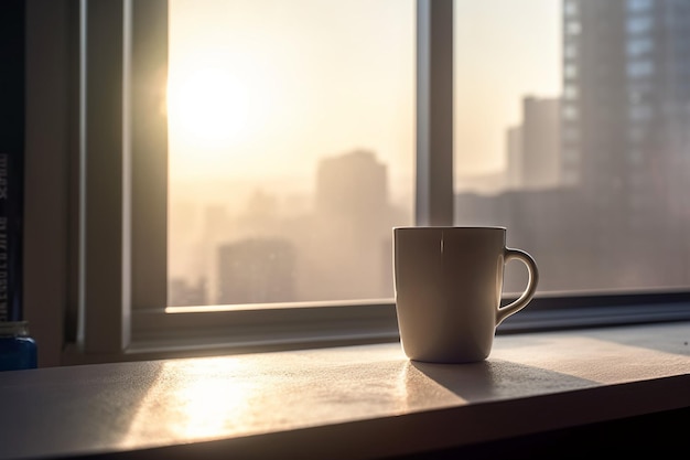 Een kop koffie zit op een vensterbank met de stad op de achtergrond.