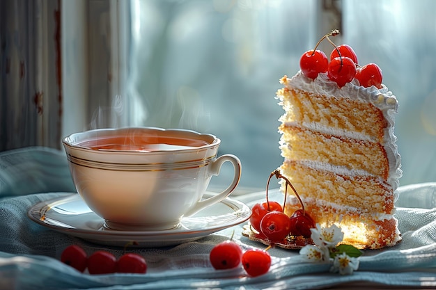 een kop thee met een stuk taart op een tafel in de stijl van fotorealistische landschappen Generatieve AI