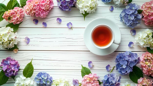 Een kop thee omringd door bloemen op een witte houten tafel met een witte achtergrond en een blauwe en