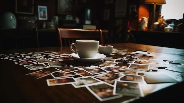 Een kop thee op de tafel vol kleurrijke fotocollectie herinnert aan een onvergetelijke herinnering