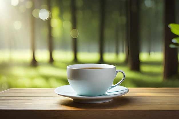 een kop thee op een tafel met een wazige achtergrond van bomen.