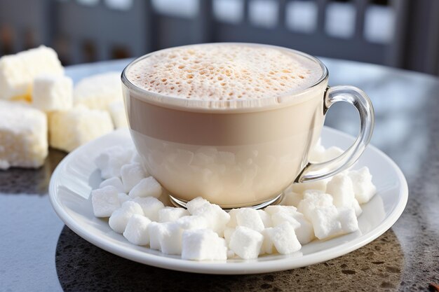 Een kop warme cacao met marshmallows buiten