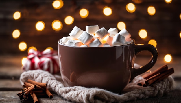 Foto een kop warme cacao met marshmallows en kaneelstokjes.