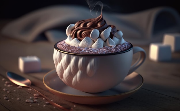 Een kop warme chocolademelk met marshmallows en chocolade op een houten tafel in een café. ai gegenereerd