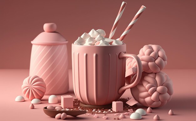 Een kop warme chocolademelk met marshmallows en chocolade op een houten tafel in een café. ai gegenereerd