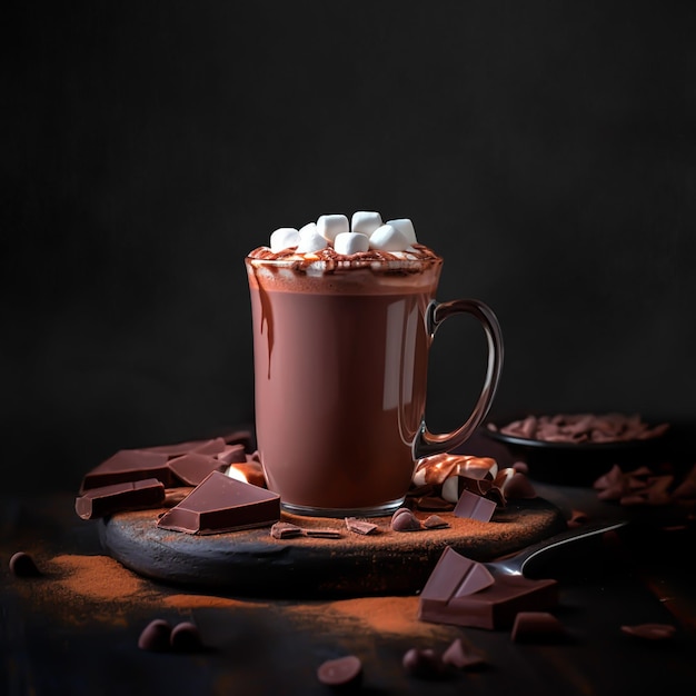 Een kop warme chocolademelk met marshmallows en chocoladeschilfers.