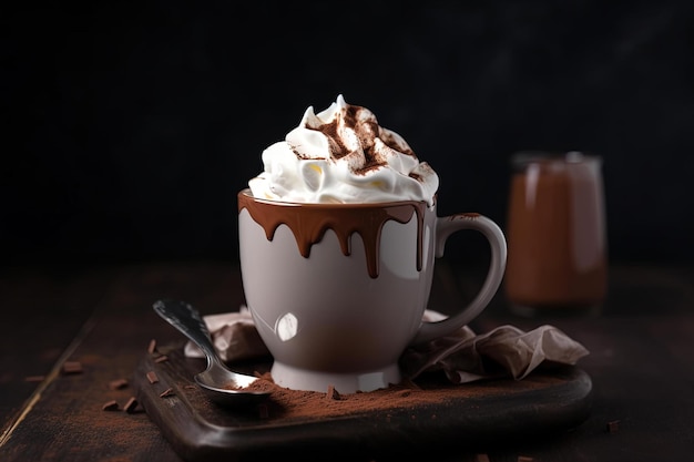 Een kop warme chocolademelk met slagroom en chocolade op een houten dienblad.