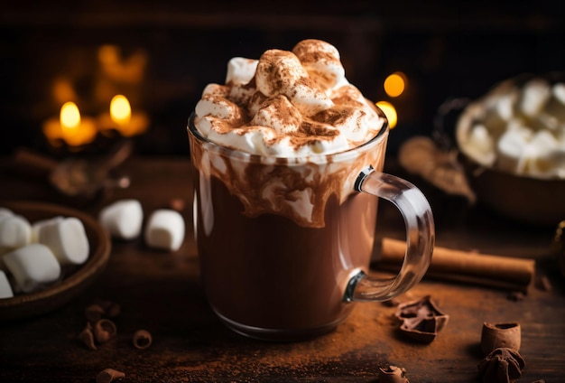 Foto een kop warme chocolademelk met slagroom en marshmallows