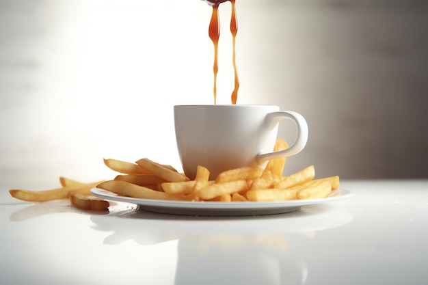 Een kop warme koffie met frietjes achtergrond