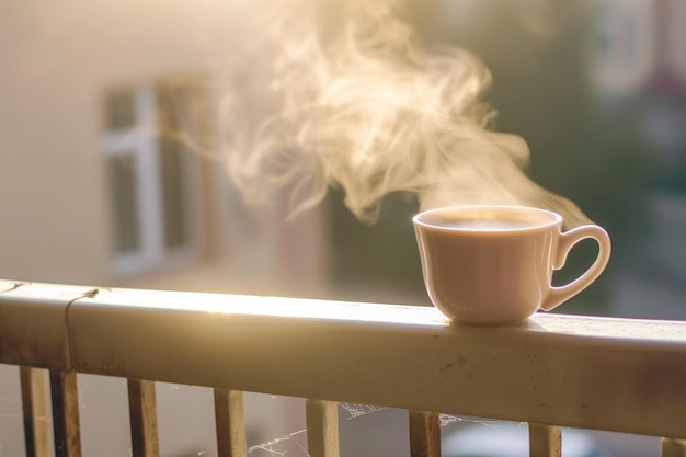 Een kop warme koffie met stoom op een balkonrail.