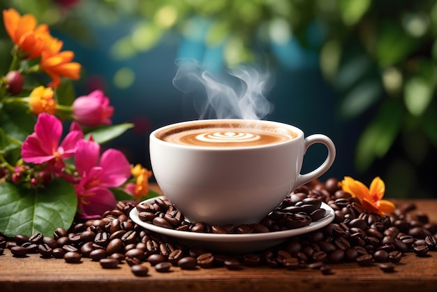 een kop warme koffie omringd door gebrande koffiebonen en verse bladeren