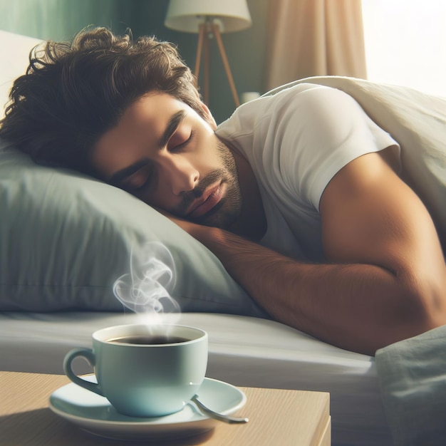 Een kop warme koffie op de nachtkastje bij de slapende man koffie in het bed