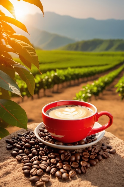 Een kop warme koffie op een lege houten tafel met zonsopgang heuvels en bergen