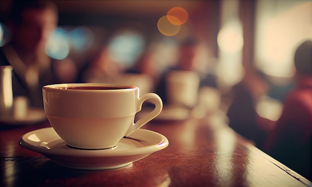 Een kop warme koffie op tafel in een café met mensen met een kleine scherptediepte generatieve AI